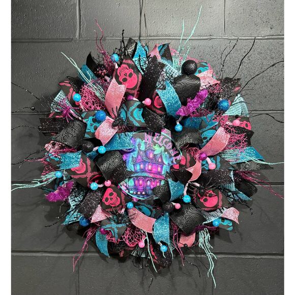 Halloween Wreath for Front Door Black and Pink Haunted House 30 inch - Picture 1 of 6
